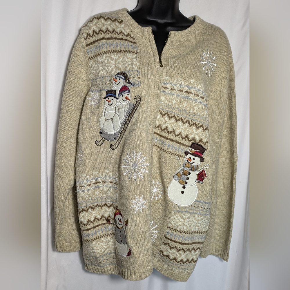 Women's Croft & Barrow Tan Christmas Cardigan Sweater with Snowmen | Size 1X
